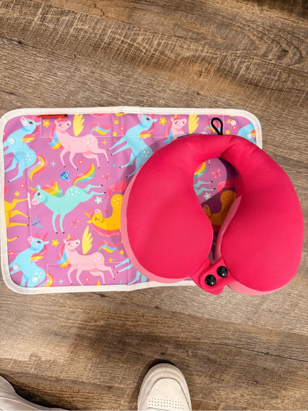 Bright Pink Travel Neck Pillow with Unicorn Mat